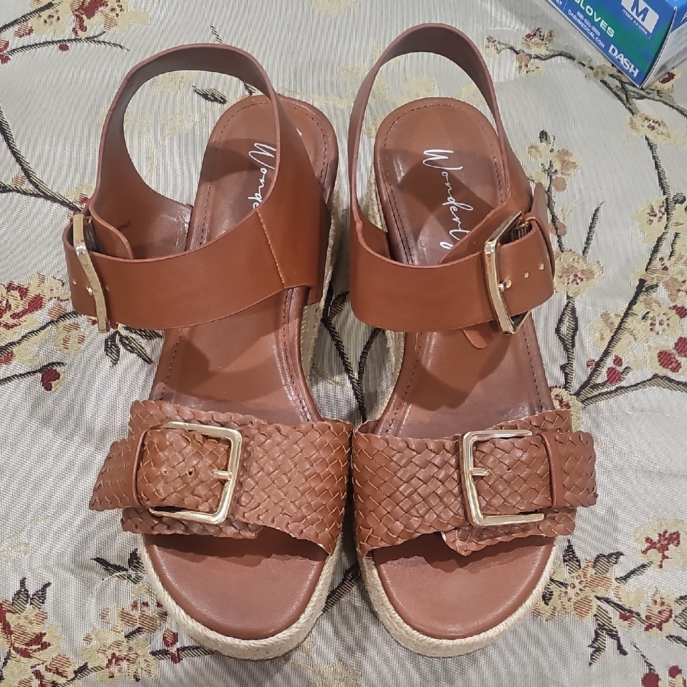 Wonderly Brown Woven Buckle Sandals